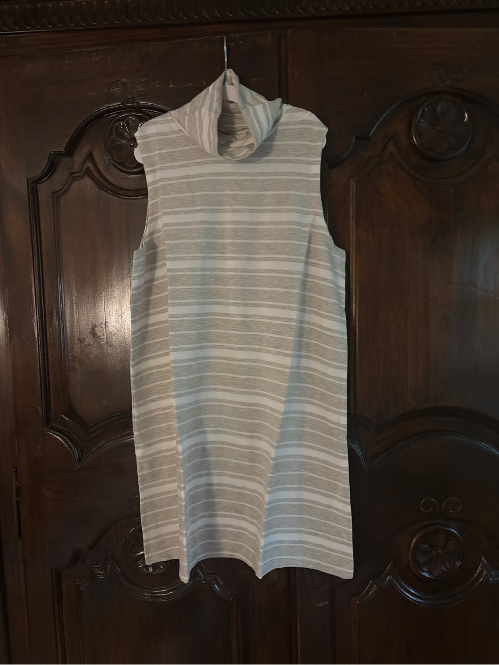 Garnet Hill Cream and Gray Sleeveless Striped Turtleneck Tunic
